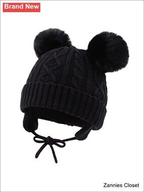 🎄 Knitted Christmas Beanie Earflap Winter Hat Pompom Chinstrap Baby Boys Girls